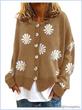 Women's Ribbed Knit Button Down Crop Cardigan Floral Jacquard Sweater